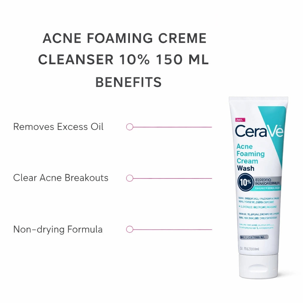 CeraVe acne foaming cream cleanser 10% 150 ML with benefits listed on a white background
