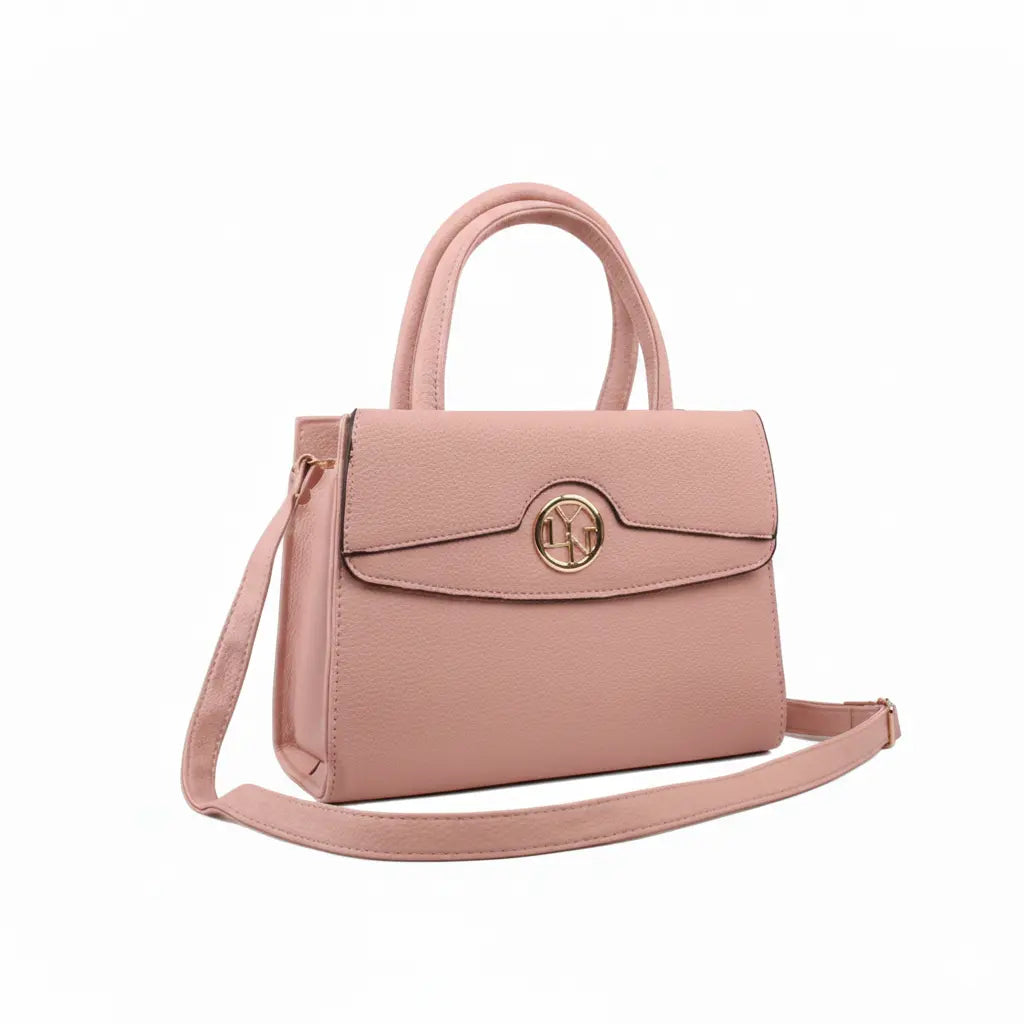 Pink handbag with a gold clasp on a white background