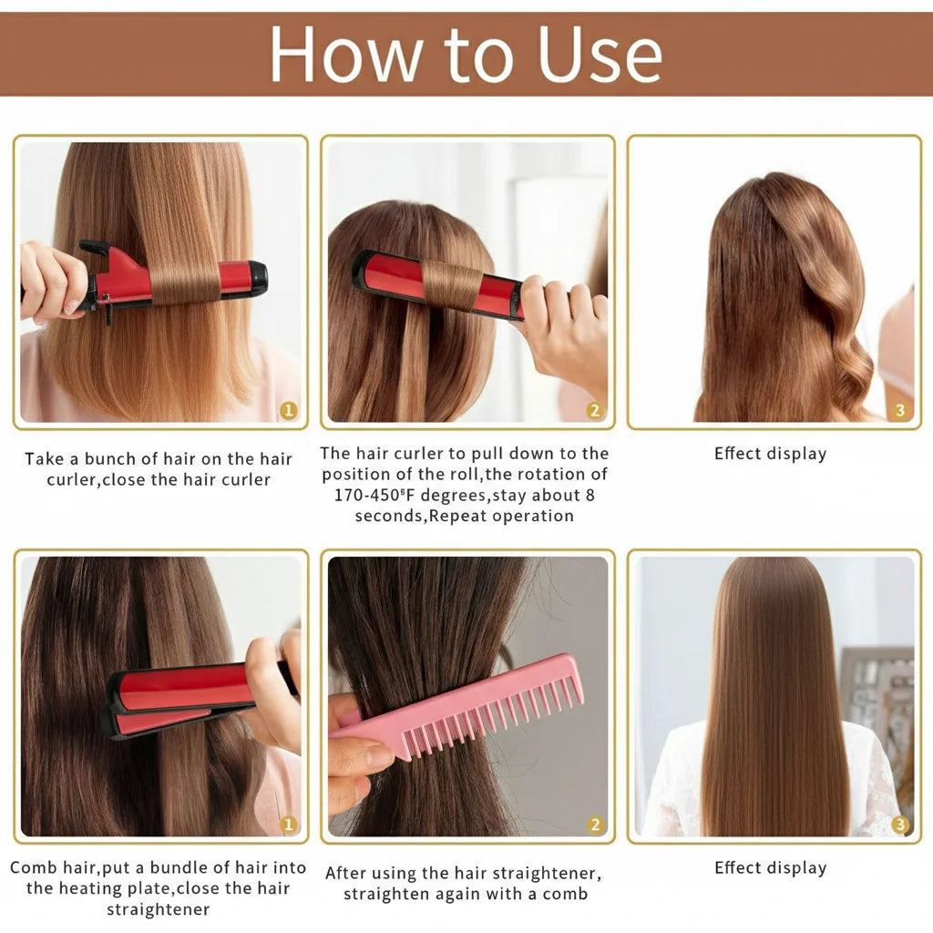Step-by-step guide on how to use a hair curler with images and text.