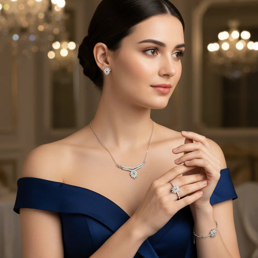 Woman wearing diamond jewelry in an elegant indoor setting