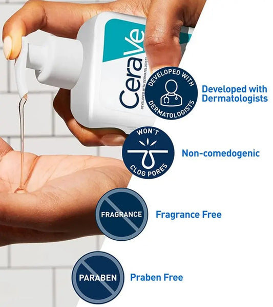 CeraVe skincare product being applied to skin with branding and ingredient claims.