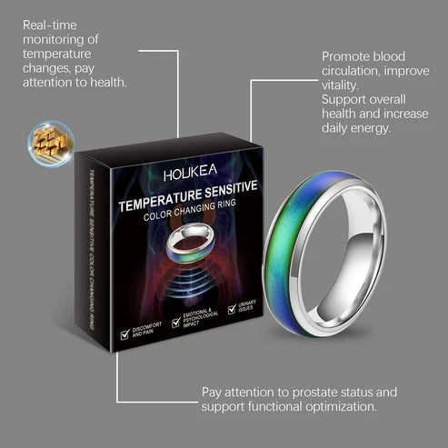 Temperature sensitive color-changing ring with packaging and text on a gray background