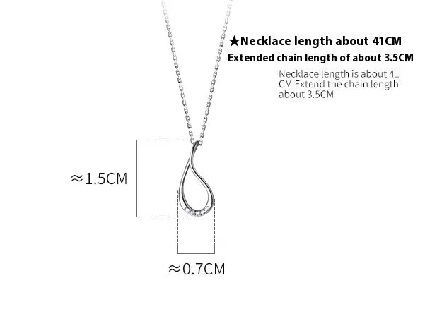 Silver necklace with teardrop pendant and measurement details on a white background