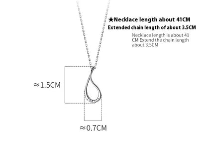 Silver necklace with teardrop pendant and measurement details on a white background