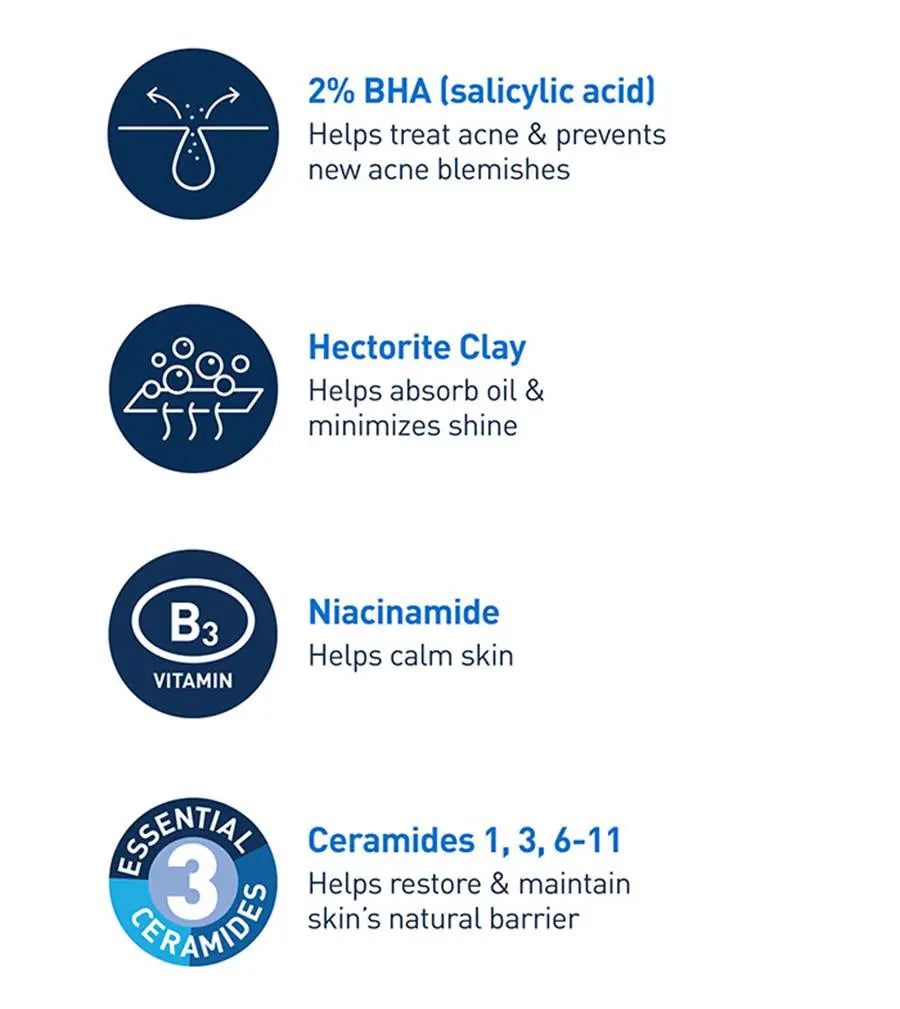 List of skincare ingredients with icons and descriptions on a white background
