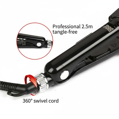 Hair straightener with tangle-free cord and 360-degree swivel feature on a white background