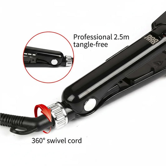 Hair straightener with tangle-free cord and 360-degree swivel feature on a white background