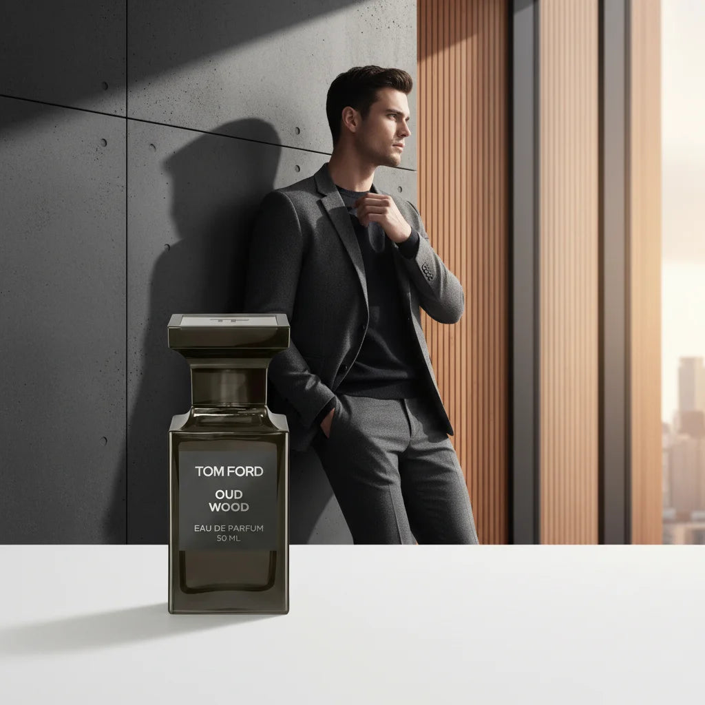 Man in a suit standing next to a Tom Ford Oud Wood perfume bottle against a modern interior background.
