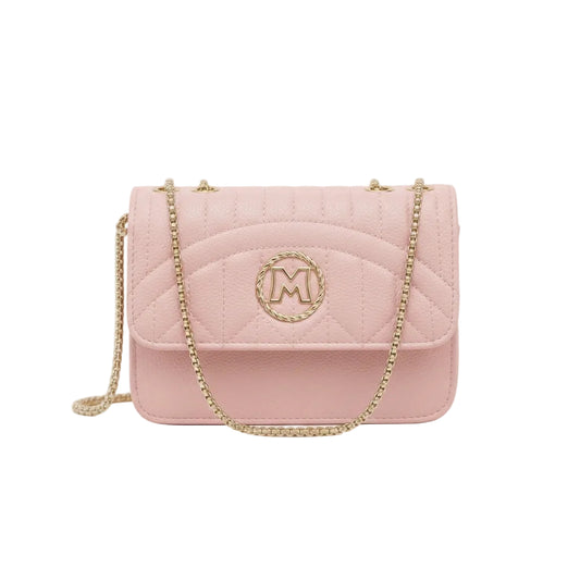 Pink quilted handbag with gold chain strap on a white background