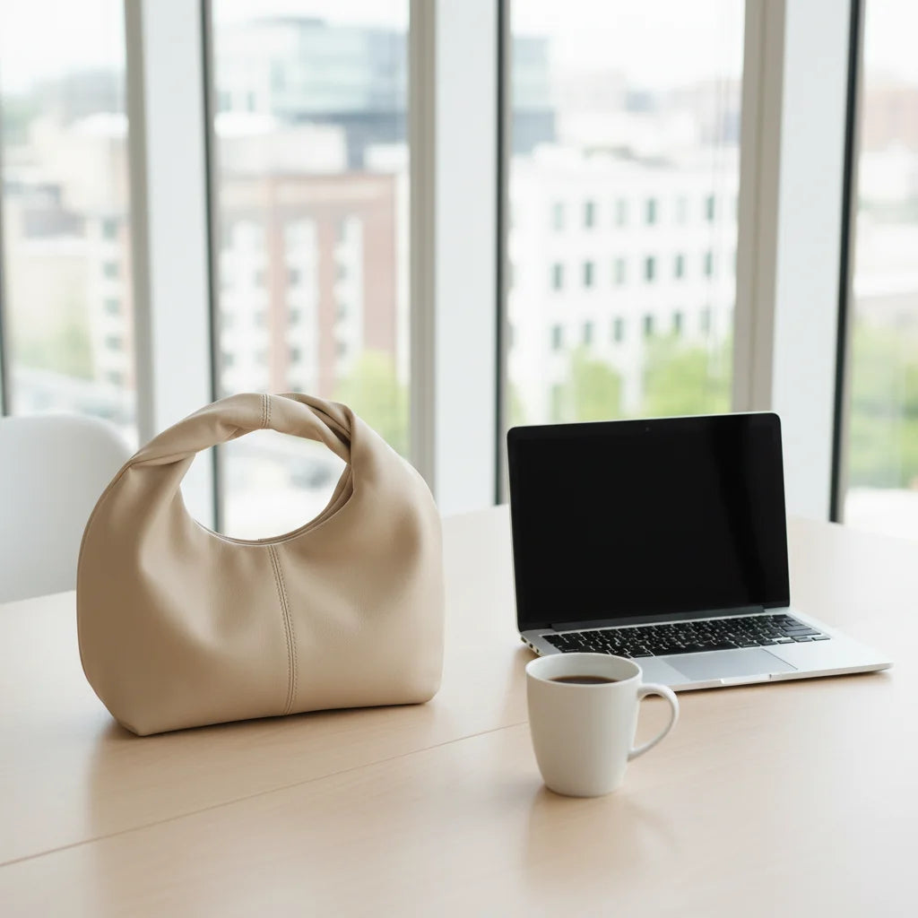 Beige handbag, laptop, and coffee cup on a desk with large windows in the background
