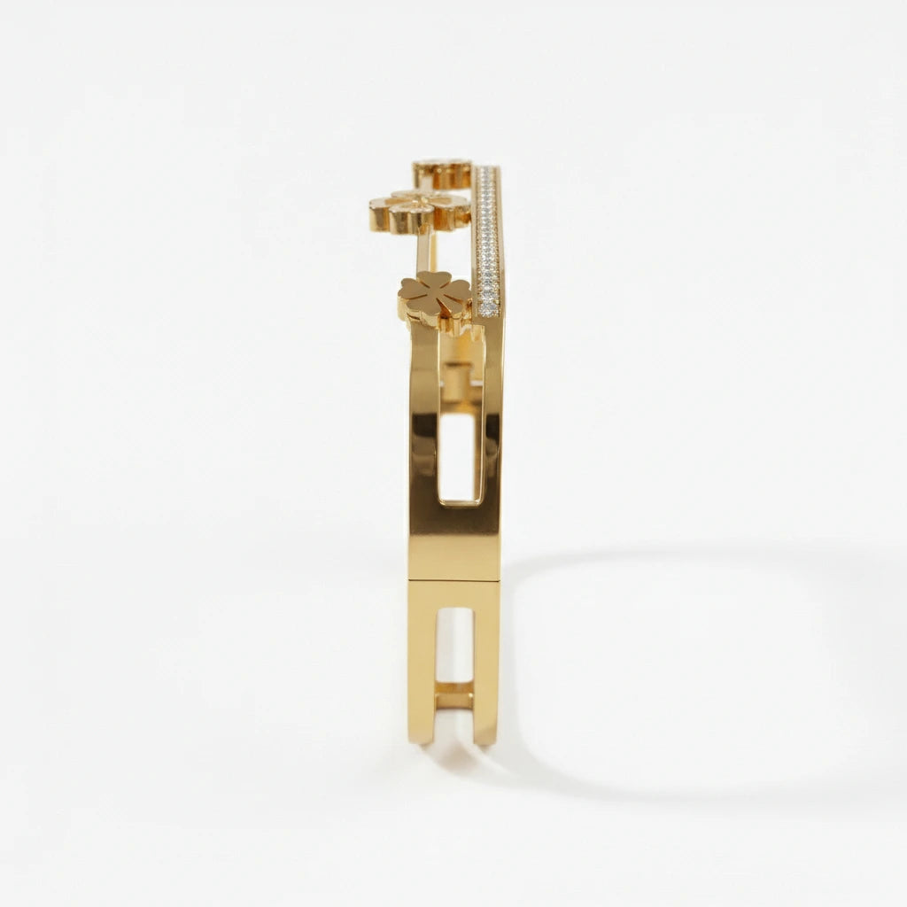 Gold earring with a white background