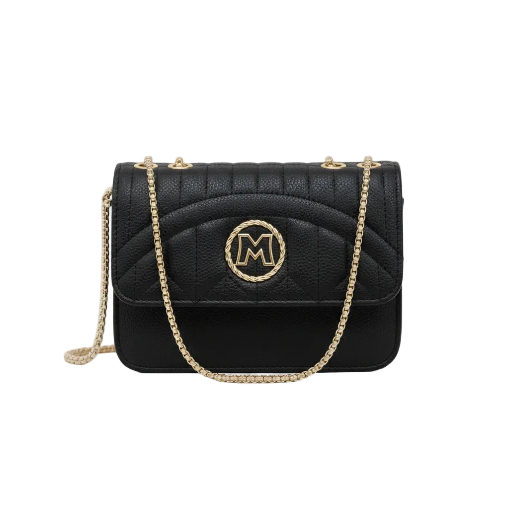 Black quilted handbag with gold chain strap and logo on a white background