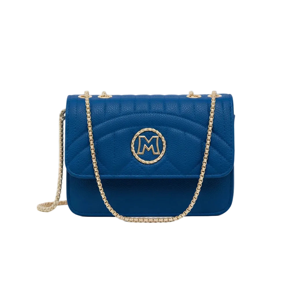 Blue handbag with gold chain and logo on a white background