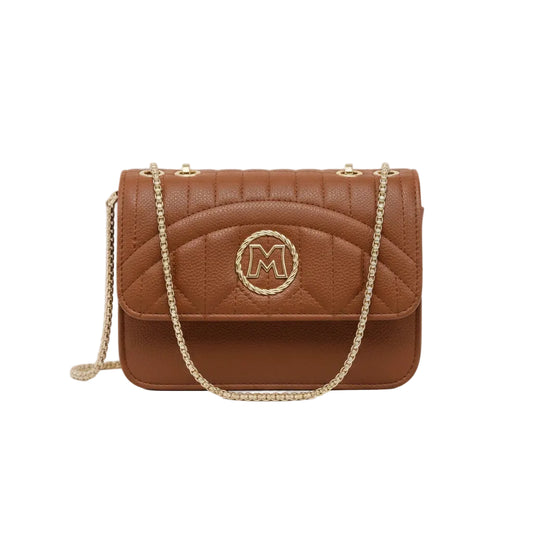 Brown quilted handbag with gold chain strap on a white background
