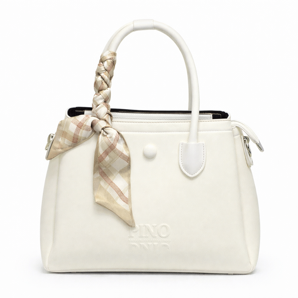 White handbag with a plaid ribbon on a white background