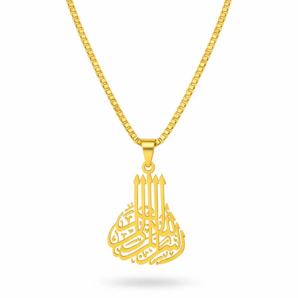 Gold necklace with a intricate pendant on a white background