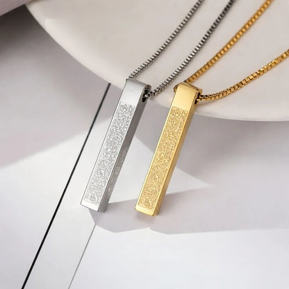 Two necklaces with vertical pendants, one gold and one silver, on a light background.