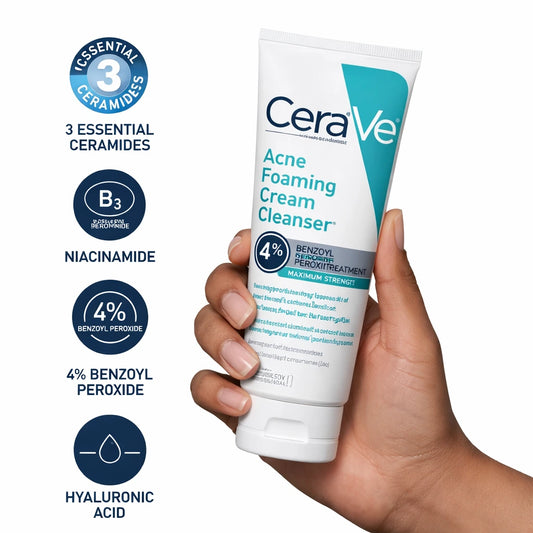CeraVe Acne Foaming Cream Cleanser held in a hand with product features displayed.