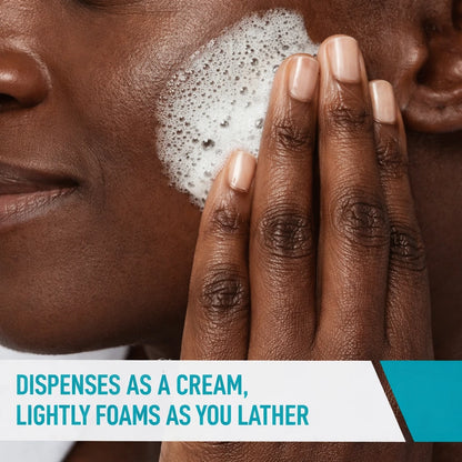 Person applying a foamy skincare product to their face with text about the product's texture.