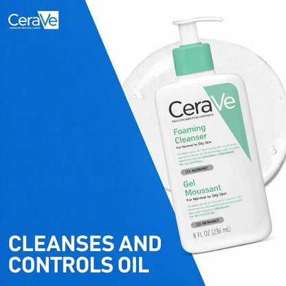 CeraVe foaming cleanser bottle on a blue and white background