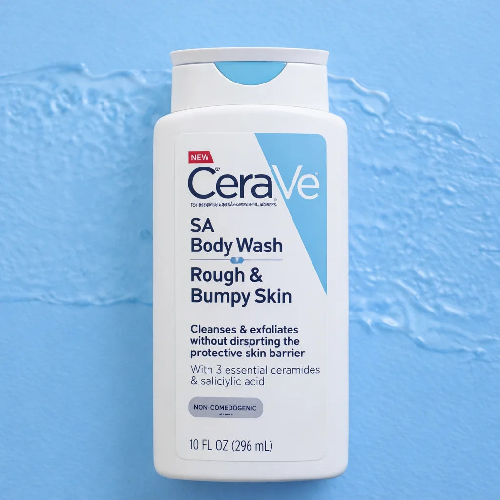 CeraVe SA Body Wash for rough and bumpy skin on a blue water background