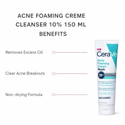 CeraVe acne foaming cream cleanser 10% 150 ML with benefits listed on a white background