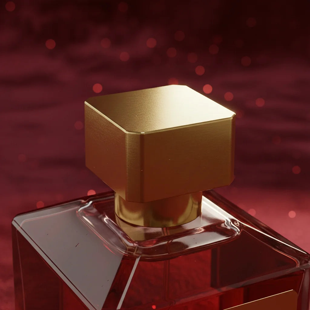 Gold and clear perfume bottle on a red background
