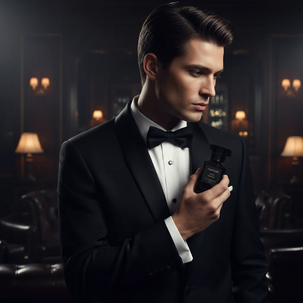 Man in a tuxedo holding a perfume bottle in a dimly lit room.