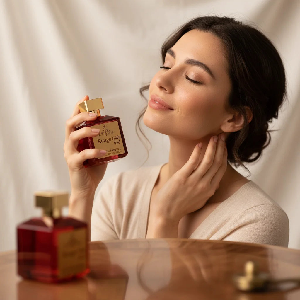 Woman applying perfume to her neck with a bottle of perfume in front of her.