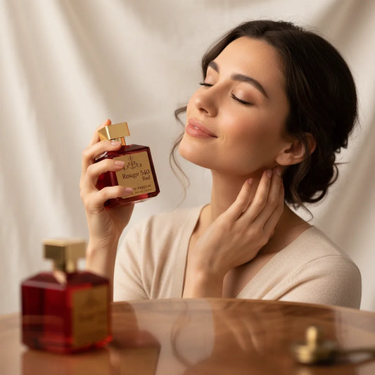 Woman applying perfume to her neck with a bottle of perfume in front of her.
