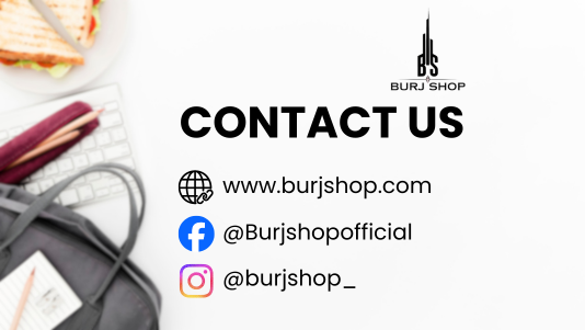 Contact information for Burj Shop with a blurred background of a sandwich and bag.