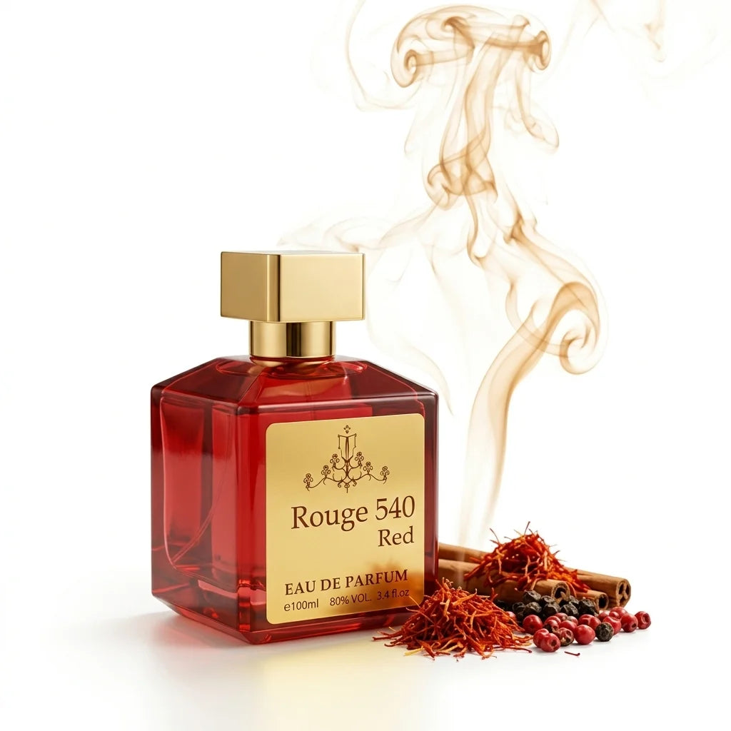Red perfume bottle with gold cap labeled 'Rouge 540 Red' on a white background with smoke and spices.