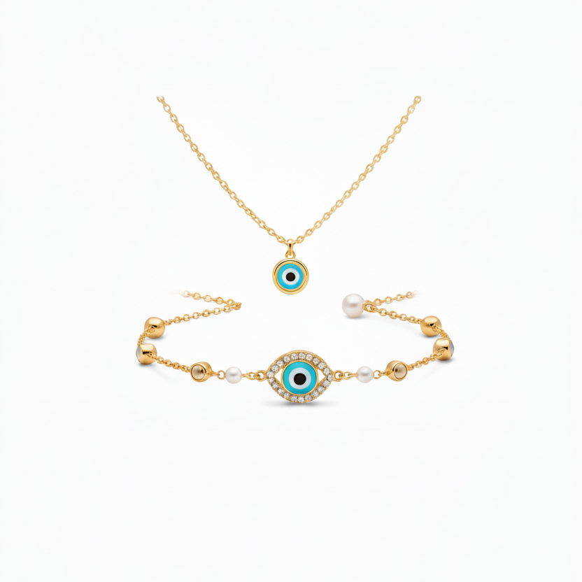 Gold necklace and bracelet set with eye-shaped charms on a white background