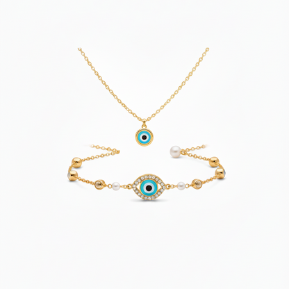 Gold necklace and bracelet set with eye-shaped charms on a white background