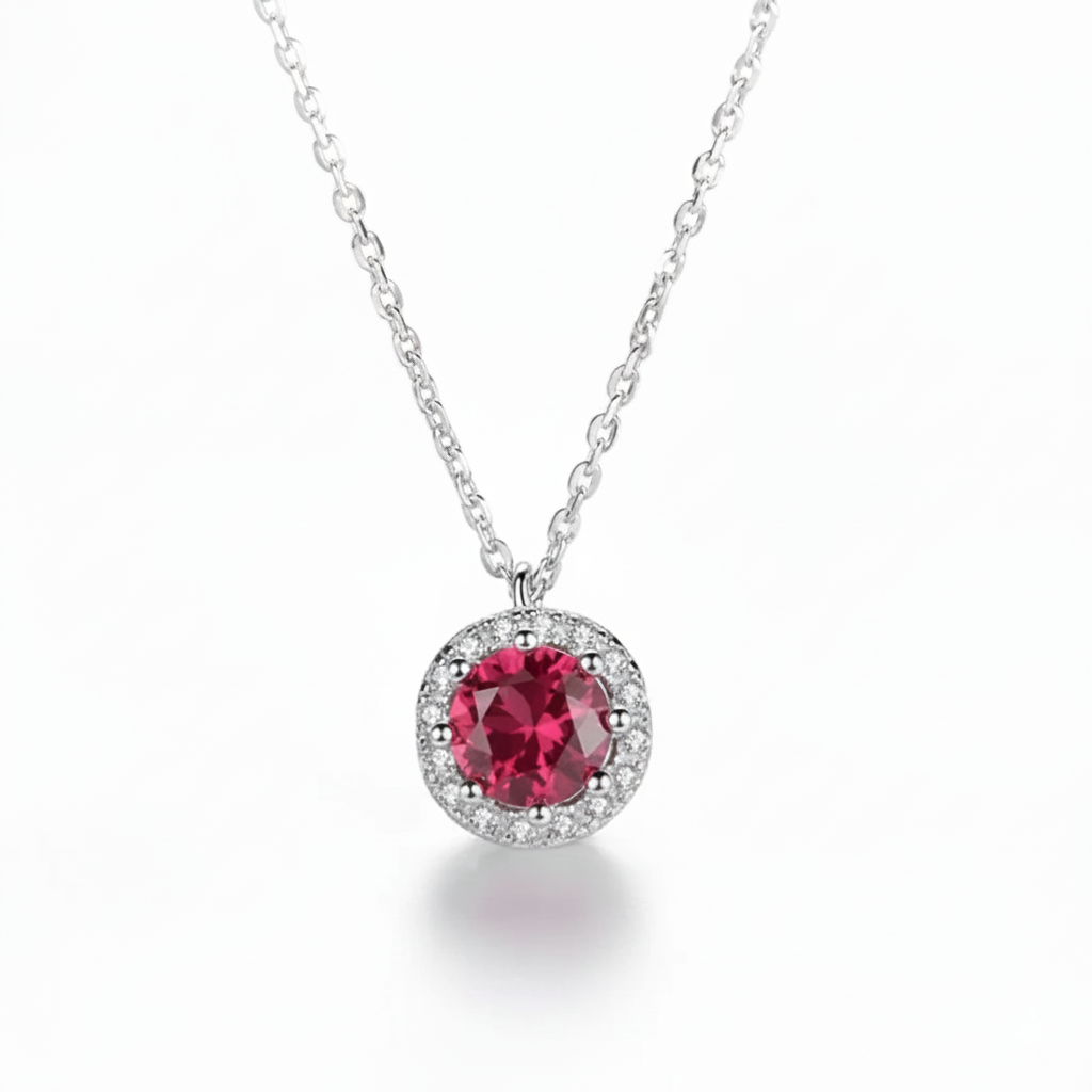 Silver necklace with a red gemstone pendant on a white background