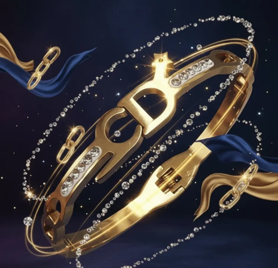 Gold bracelet with diamond accents on a dark blue background