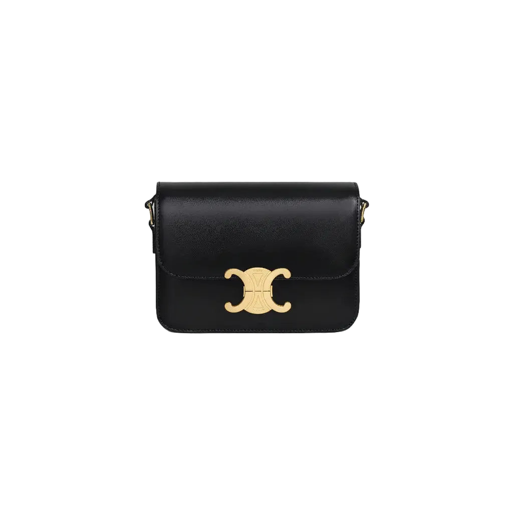 Black handbag with a gold clasp on a light gray background