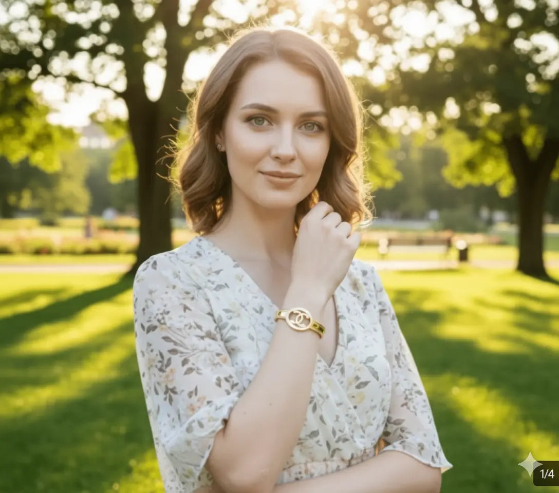 Woman standing in a park with trees and grass in the background