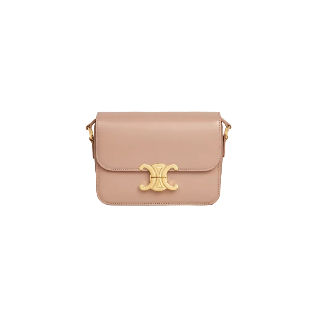 Beige handbag with gold clasp on a light gray background