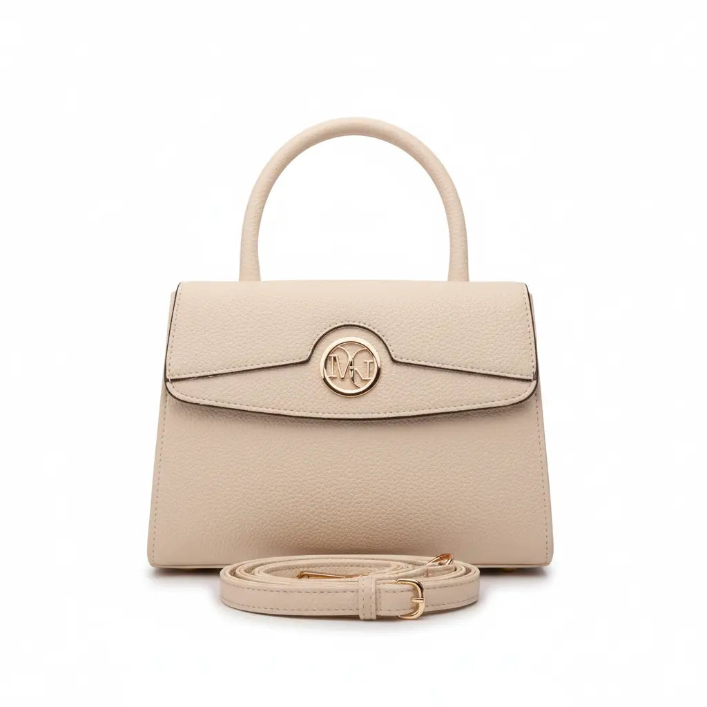 Beige handbag with a strap on a white background