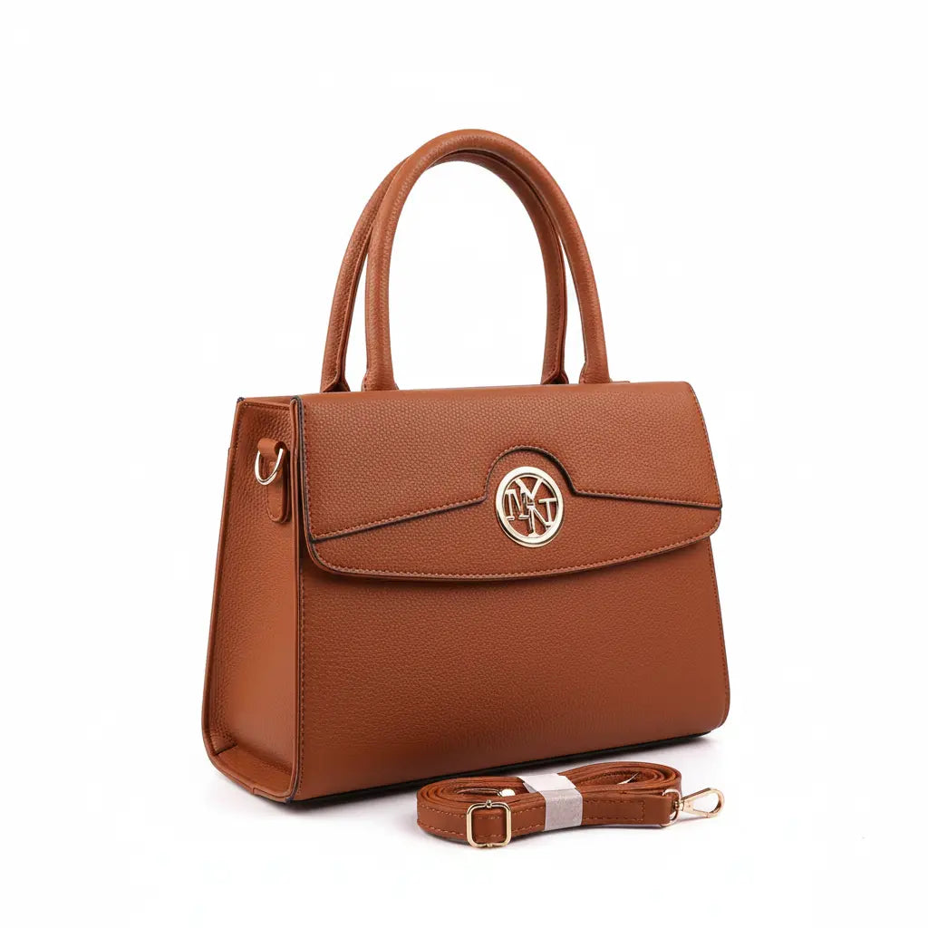 Brown handbag with a strap on a white background