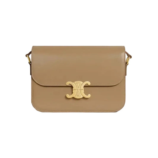 Beige handbag with a gold clasp on a light gray background