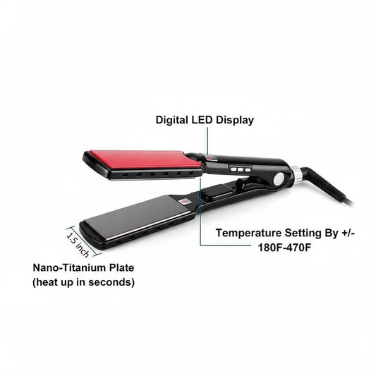 Hair straightener with labeled features on a white background