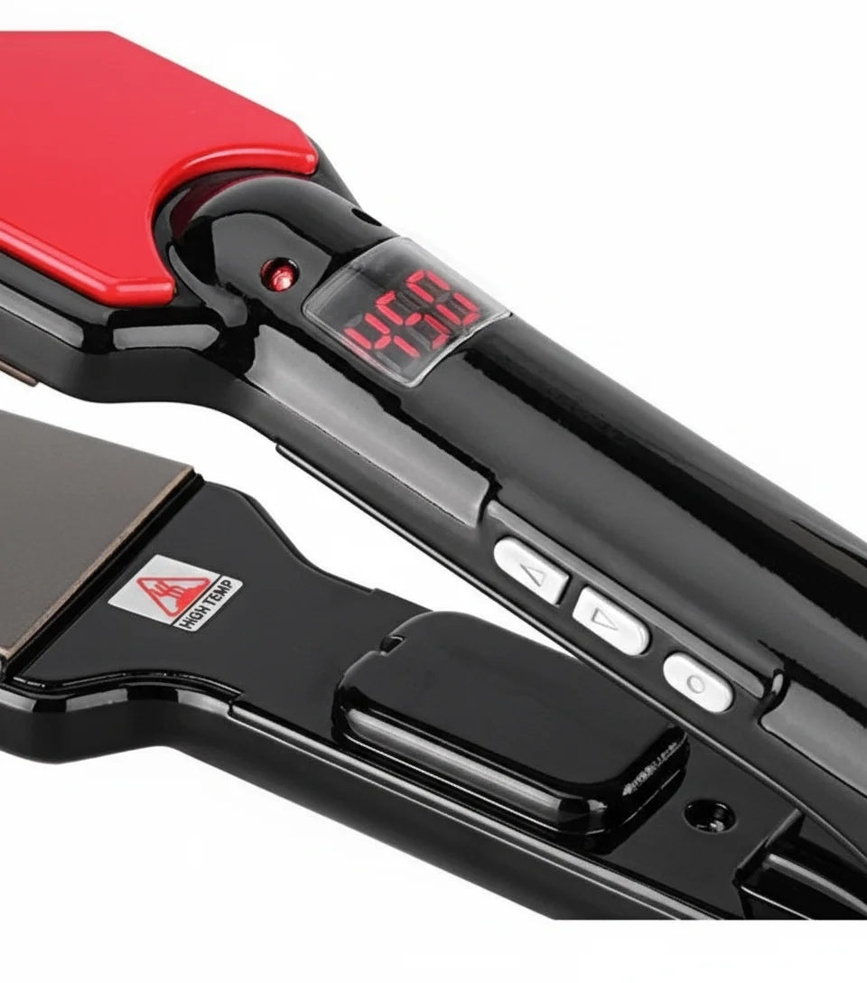 Black and red electronic device with digital display on a white background