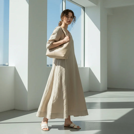 Woman in a beige outfit standing in a bright, minimalistic room with large windows.
