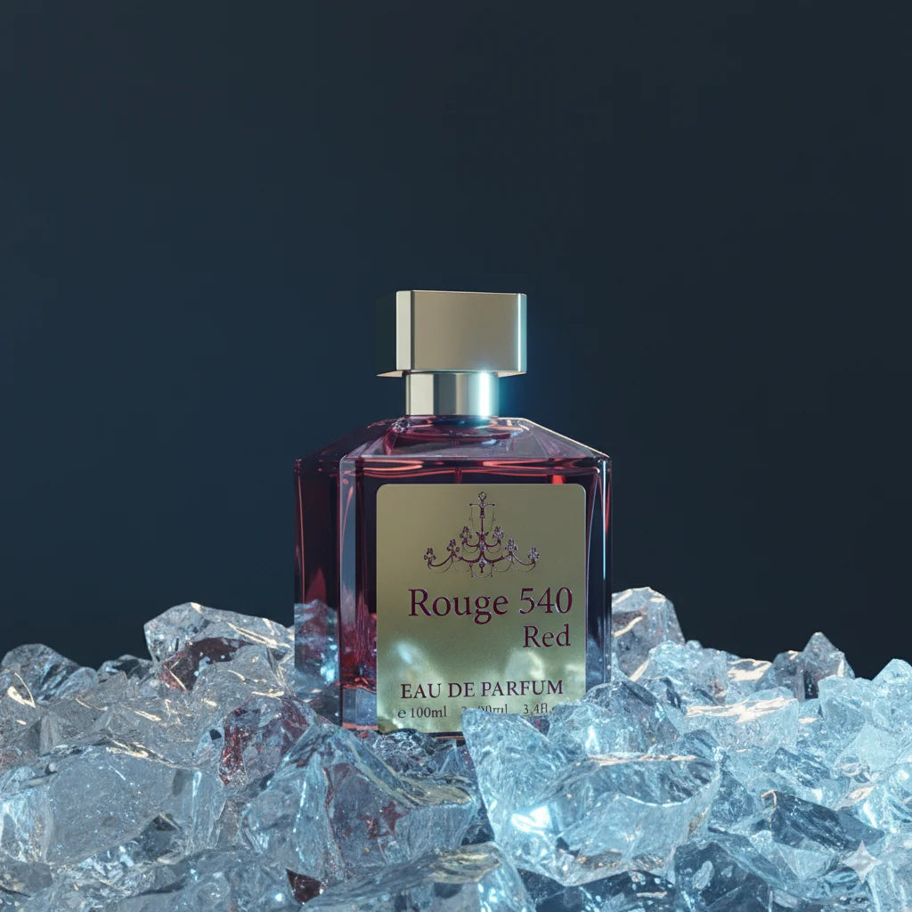 Perfume bottle labeled 'Rouge 540 Red' on ice cubes with a dark background
