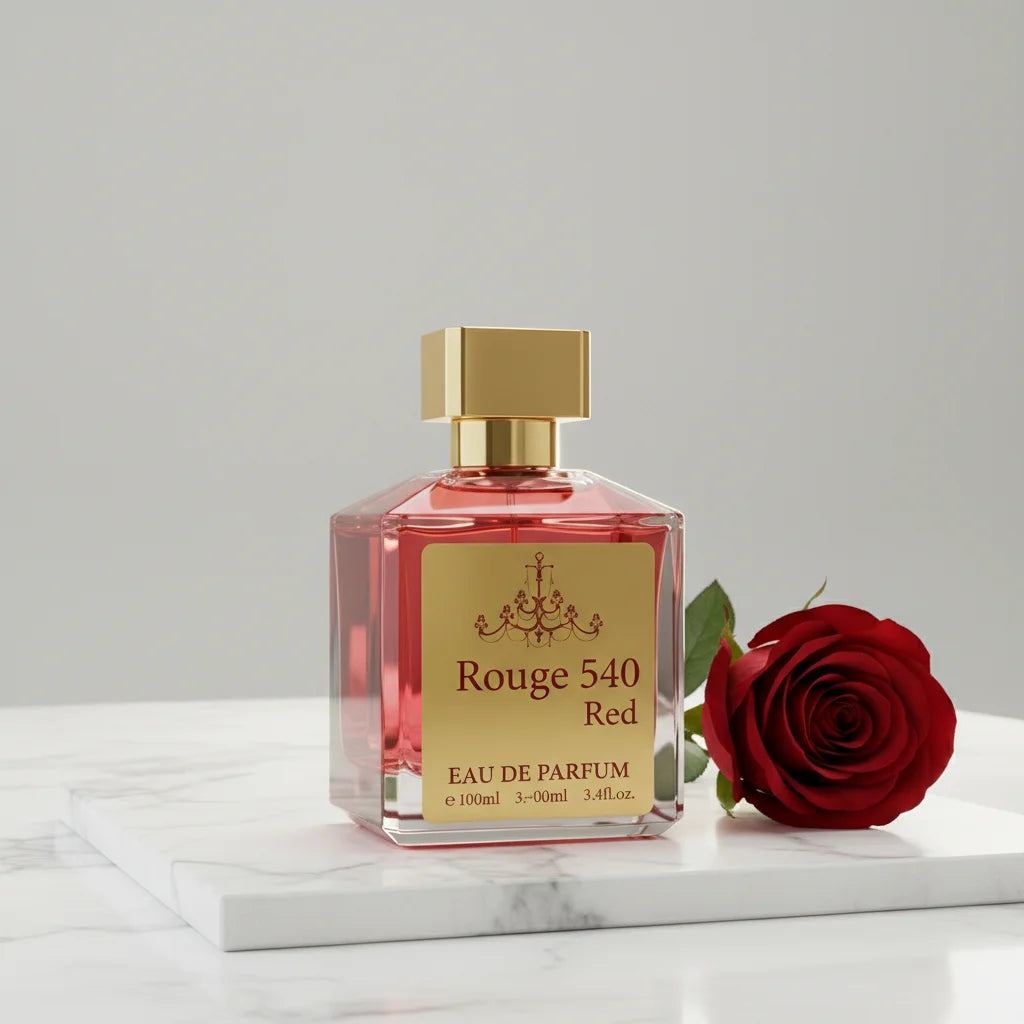 Perfume bottle labeled 'Rouge 540 Red' with a red rose on a light gray background