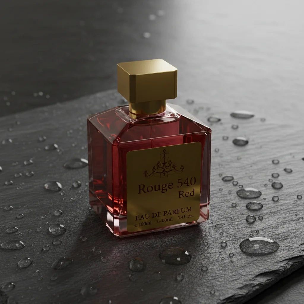 Red perfume bottle with gold cap on a dark surface with water droplets