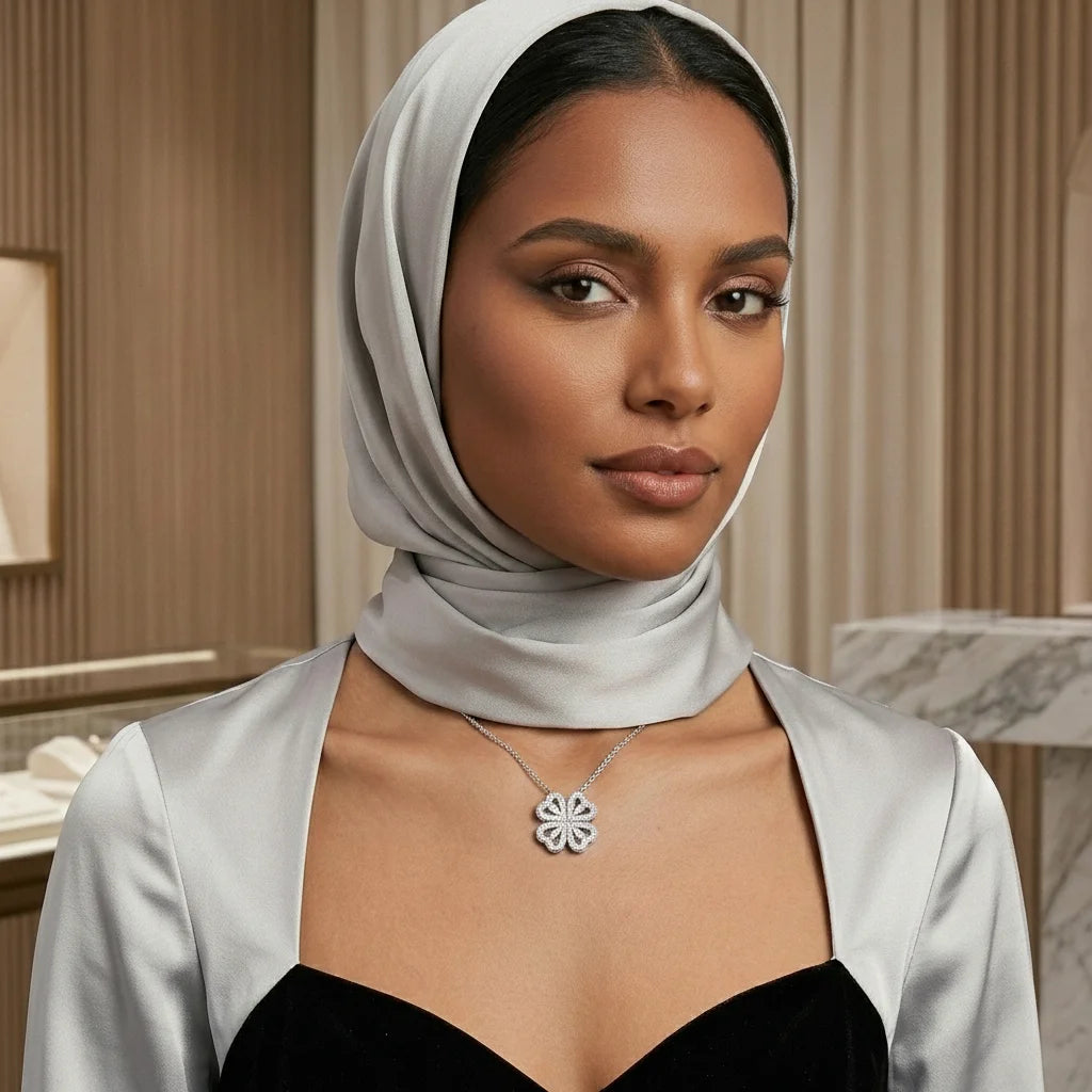 Woman wearing a light gray hijab and a necklace with a flower pendant in an indoor setting.