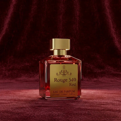 Perfume bottle labeled 'Rouge 540 Red' on a red textured background